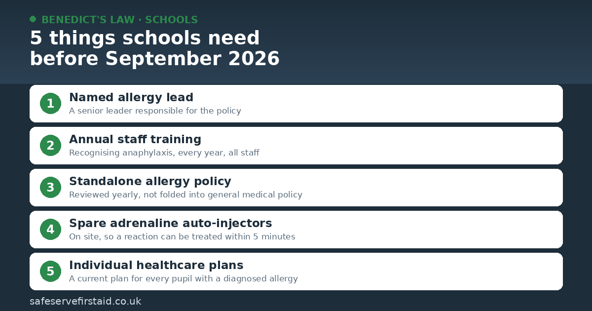 Infographic listing the 5 things schools need before September 2026 under Benedict's Law: a named allergy lead, annual staff training, a standalone allergy policy, spare adrenaline auto-injectors, and individual healthcare plans